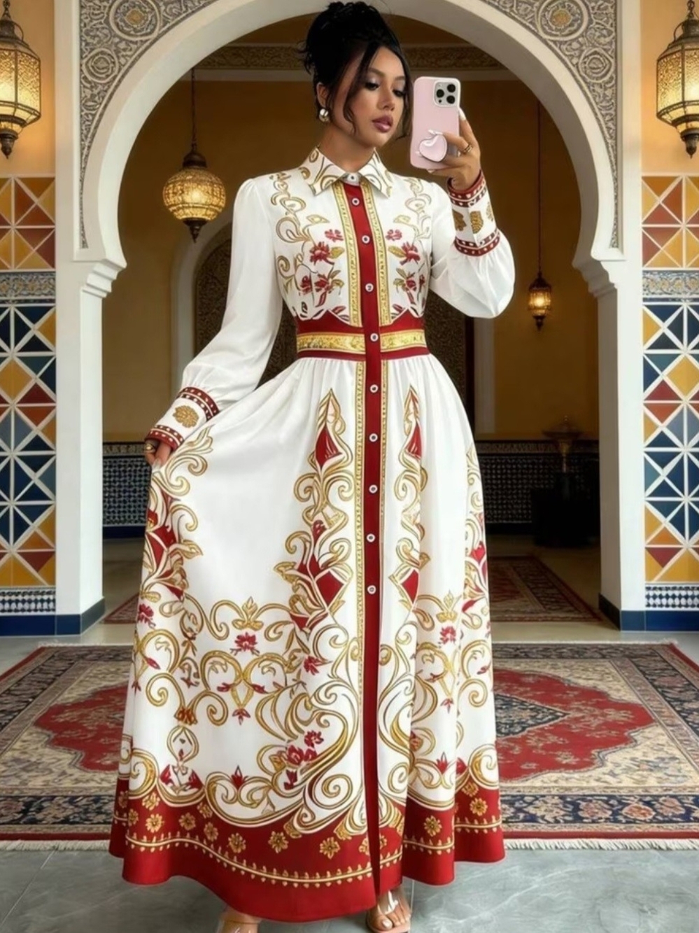 Elegant White & Red Embroidered Maxi Dress
